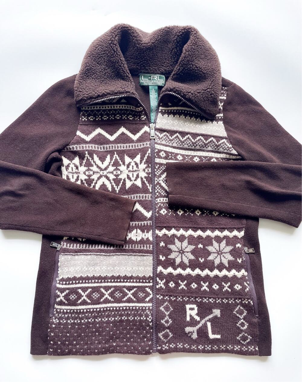 Women's Lauren Ralph Lauren Lambswool Blend Brown Nordic Full Zip Sweater Small